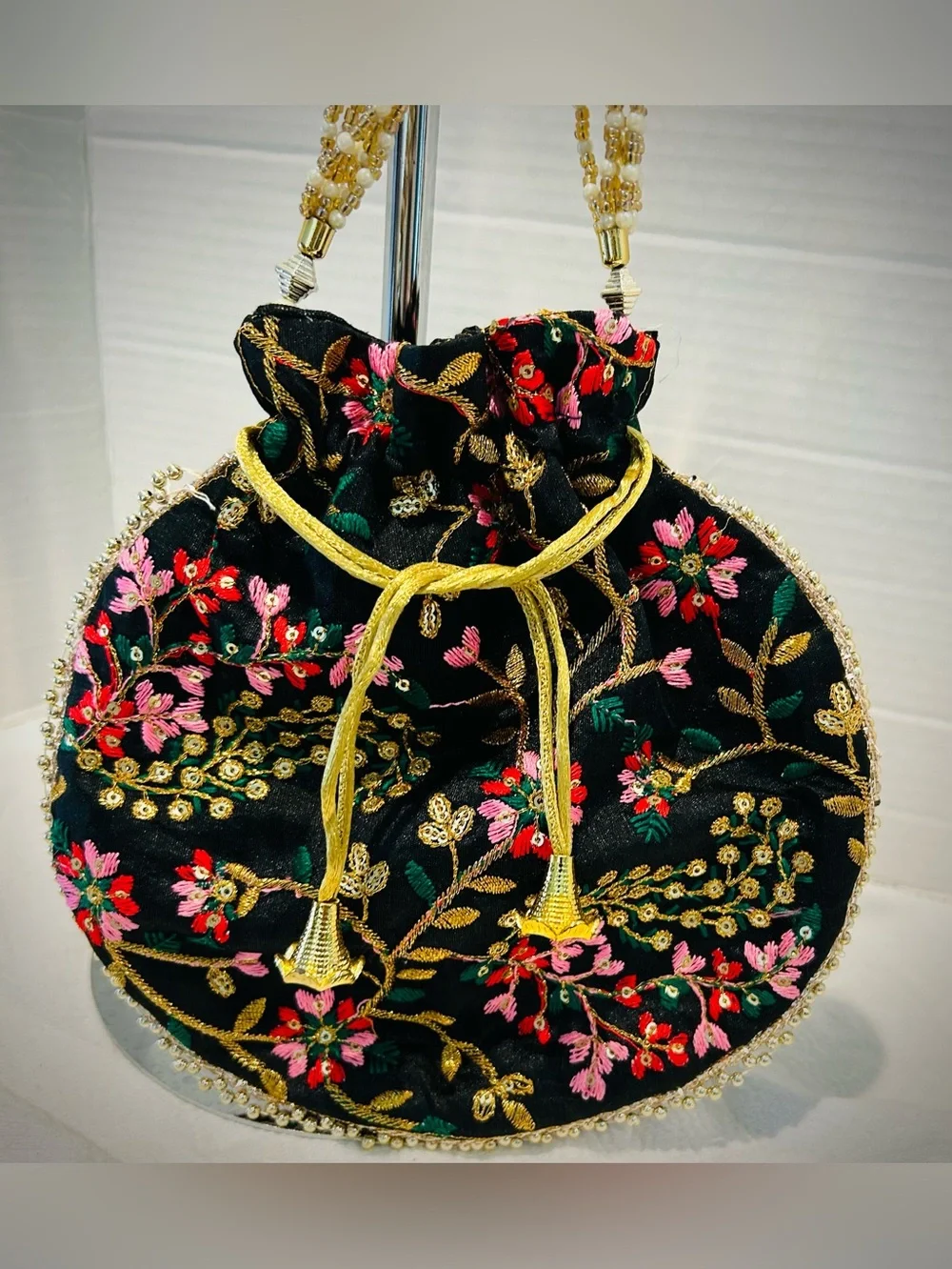 Embroidered Black Floral Design Beaded Potli Bag Prom Wedding Guest Purse